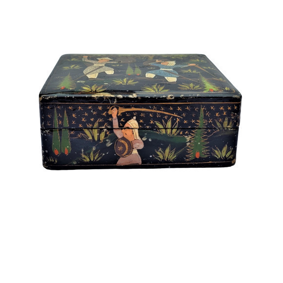 Vintage Russian Black Lacquer Green Blue Trinket Box Fighting Scene - Picture 7 of 13